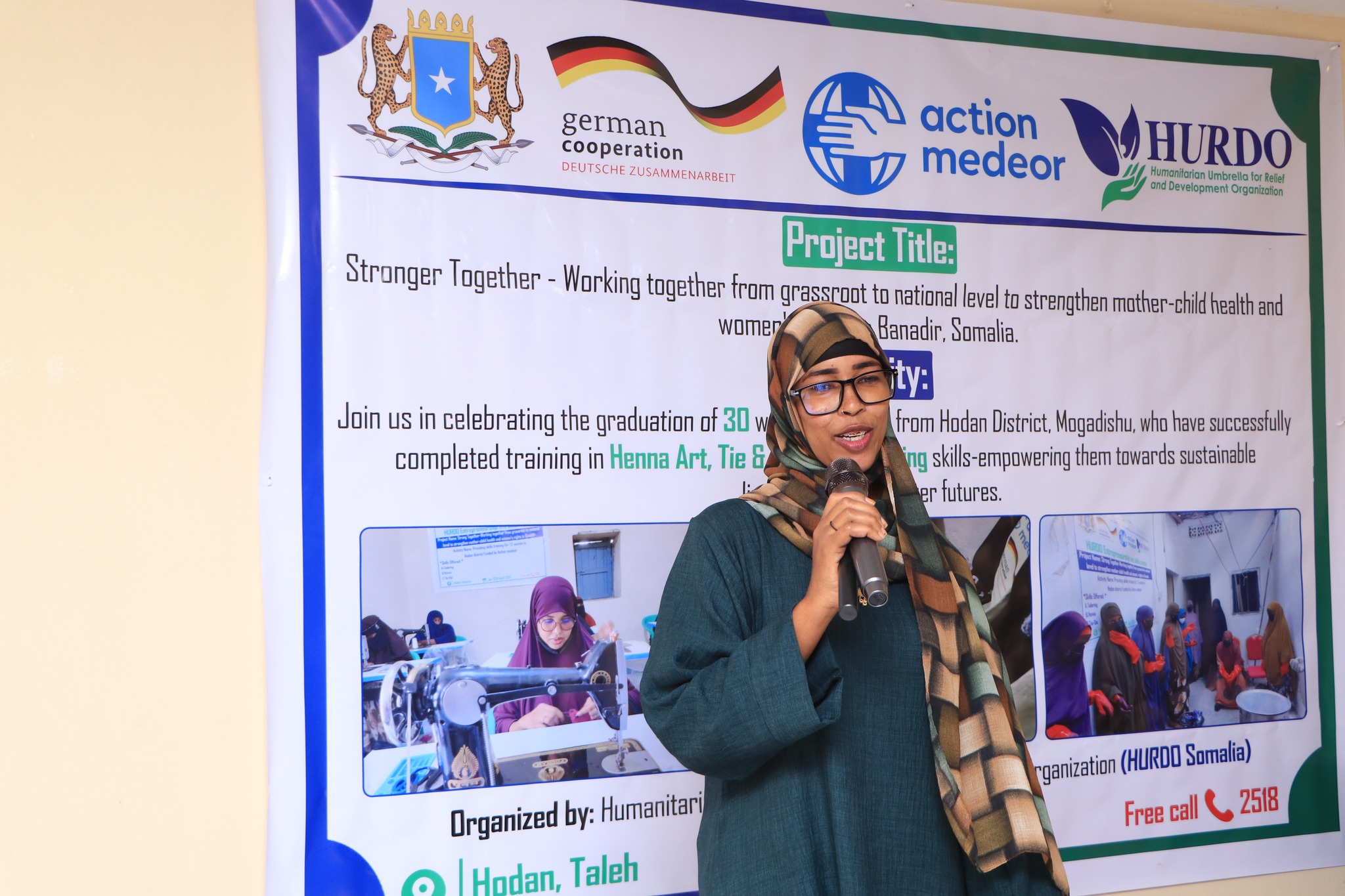HURDO staff speaking at a skills graduation in Hodan, Mogadishu